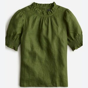 J. Crew Green Smocked Puff-Sleeve Linen Top